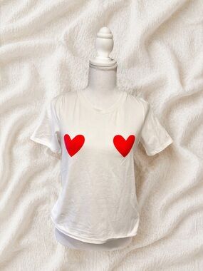 Only White Tee with Red Heart Prints